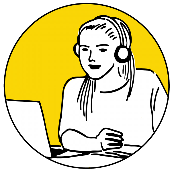 A line drawing of a young person wearing headphones and looking at their computer.